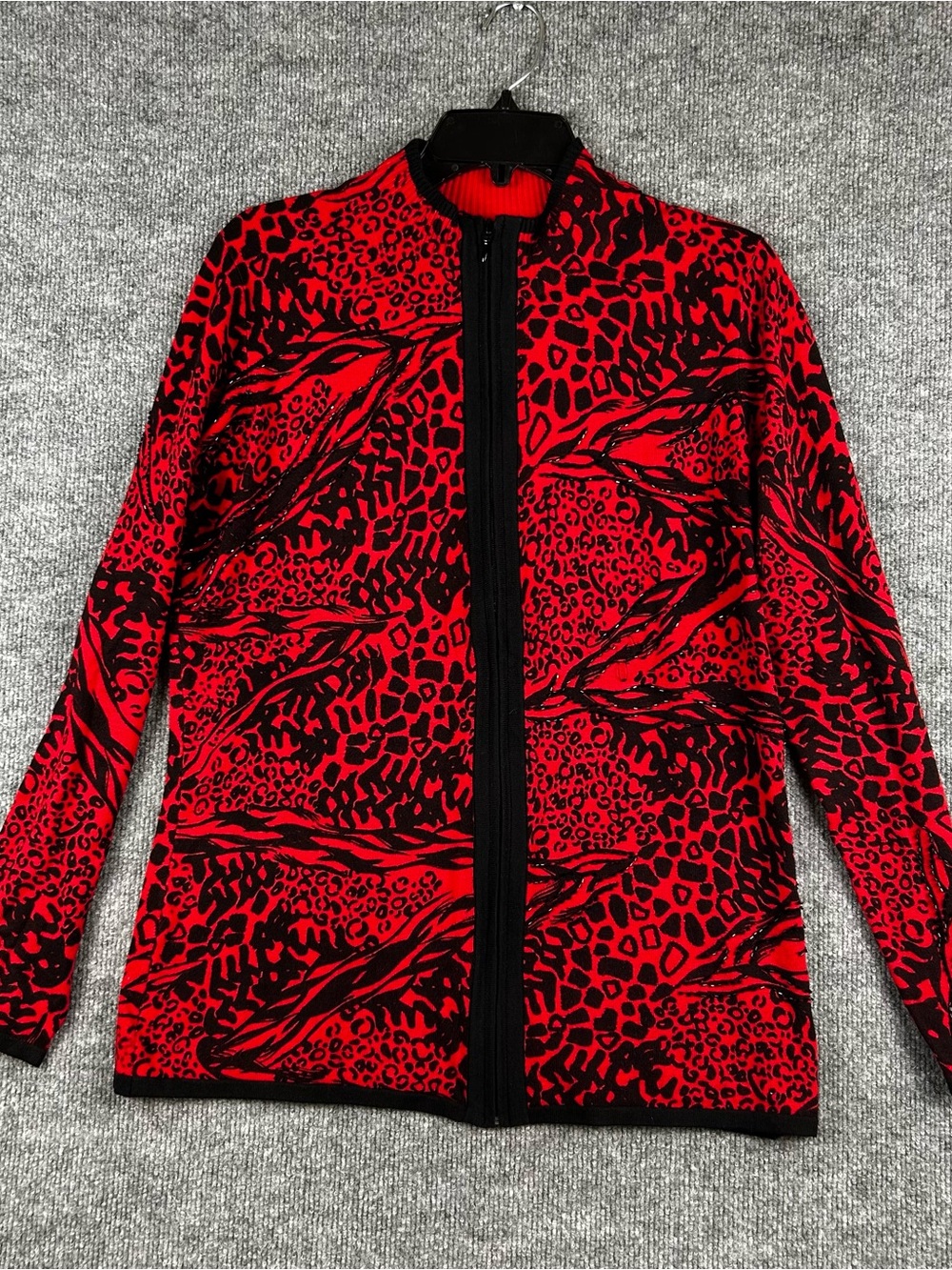 Bellami 1X Red Black Animal Print Beaded Zip Cardigan Sweater Y2K